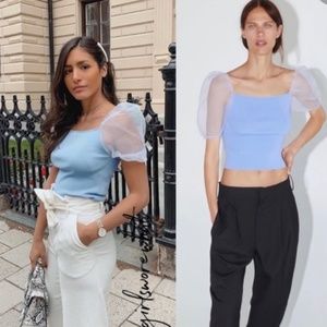 Zara Blue Puff Sleeve Crop Top
